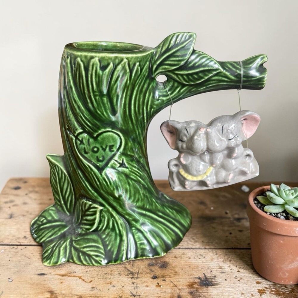 Majolica Style Planter Tree Trunk With Elephants On A Swing VTG 4.75” X4.75”
